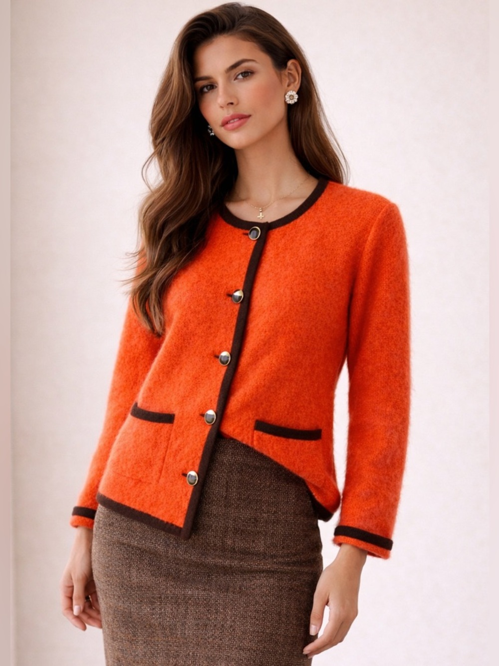 Women’s Coral Button-Front Cardigan with Contrast Trim